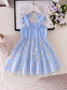 Toddler Girls' Blue Daisy Print Mesh Striped Sleeveless Bow Tie Waist Princess Dress, Summer Beach Holiday Outdoor Play - Blue - View 2
