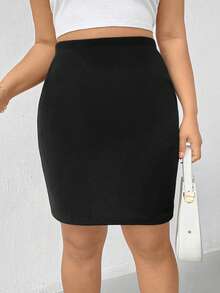 SHEIN Essnce 加大松紧腰纯色铅笔裙 - 黑色 - 查看 6