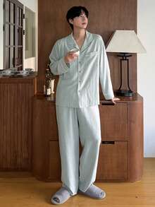 DAZY Green Long Sleeve Shirt And Pants Men's Pajama Set, Spring - Green - View 1