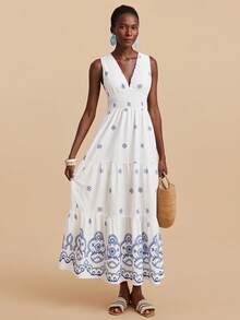 Travachic 女士碎花收腰连衣裙，波西米亚风，西式风格，夏季度假，适合假日、约会、下午茶、音乐节等场合，波西米亚风夏季连衣裙，女士海滩度假装扮，夏季服装，优雅女士连衣裙 - 藍白色 - 查看 5