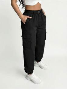 SHEIN SXY Flap Pocket Buckle Belted Cargo Pants - Black - View 3