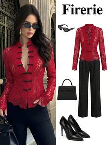 Firerie 女士蕾丝黑色纽扣腰长袖衬衫，复古宫廷风上衣，新款中国风衬衫，白色蕾丝长袖衬衫，半透明蕾丝上衣，春夏秋季穿着，优雅百搭，适合通勤、约会、派对、婚礼、毕业典礼、演出、音乐会、工作、返校、年会、女士生日等场合。 - 紅色 - 查看 1