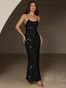 Revavyn Sequin Slip Dress, Minimalist & Elegant Design, Suitable For Evening Gala, Party - Black - View 6