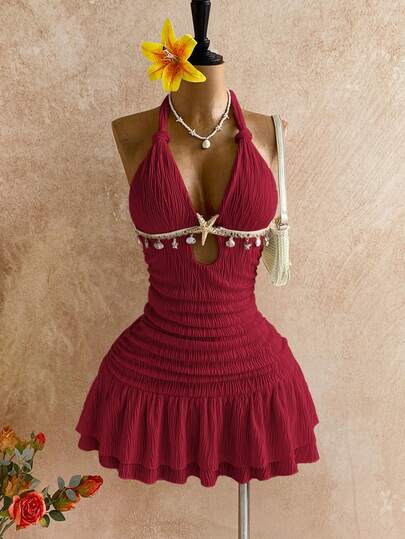 Soleia White Halter Twist Bodycon Mini Dress, Metal Accessories, Shell Decor, Beach Resort Vacation, Summer Outfit