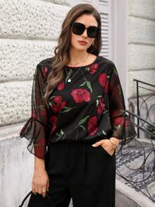 Miaspire 大码女式花卉印花休闲圆领荷叶边七分袖衬衫 - 紅色 - 查看 4