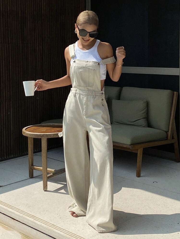 Women's Casual Solid Color Denim Bib Pants With Large Pockets