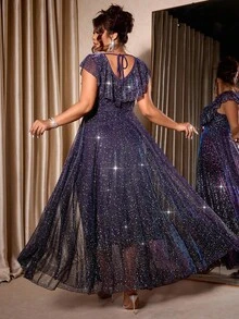 Cravure Stunning Purple Glitter Plus Size Maxi Dress With V Neck Flounce Short Sleeves A Line Fit For Evening Parties - Purple - View 3