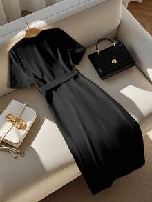 GlowEve Women's Solid Color Short Sleeve Single-Breasted Casual Commuting Mid-Length Dress - Black - View 2