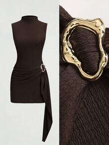 Olithes 女士极简立领系带修身金属扣装饰棕色无袖连衣裙 - 棕色 - 查看 1