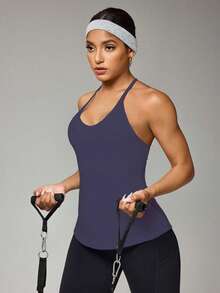 Easithlete Women's Solid Color Everyday Fitness Halter Neck Tank Top Curve Athletic Top Open Back Workout Top Backless Gym Top Open Back Athletic Top Activewear Racerback - Blue - View 5