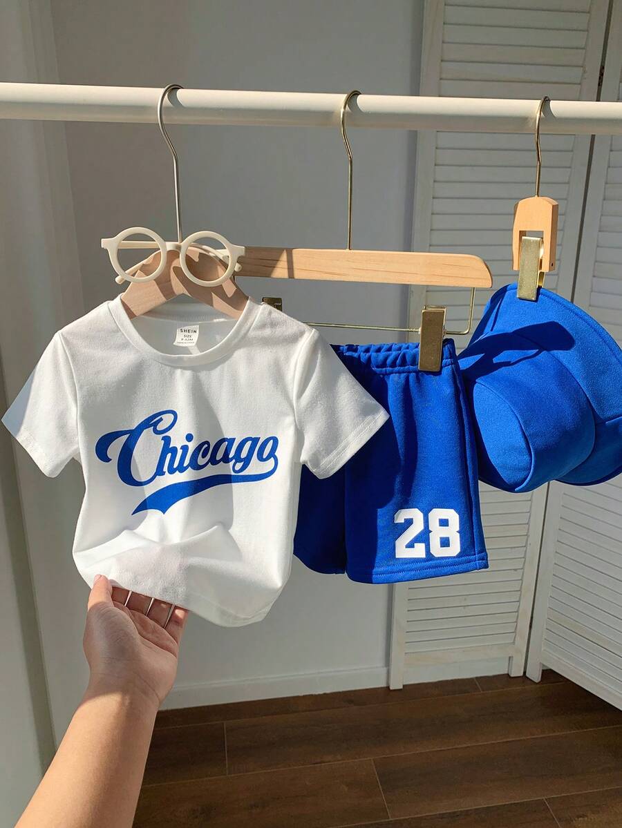 SHEIN 3件套男女宝宝休闲可爱时尚短袖T恤、针织上衣、短裤和遮阳帽套装，春夏宝宝男童服装，复活节 - 寶藍色 - 查看 1