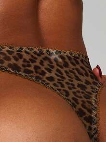 MISSGUIDED Leopard Print Chain Stitched Thong With Mesh Texture And Gold Hardware Details - Brown - View 2