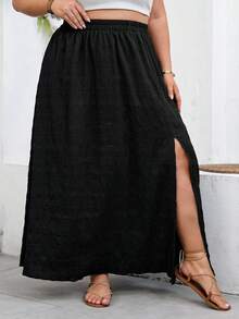 SHEIN CURVE+ Váy nữ dáng suông US22, thích hợp cho lễ hội âm nhạc, kỳ nghỉ biển, phong cách bohemian, màu trơn, cạp chun, xẻ tà bên hông, thích hợp mặc mùa hè. - màu đen - Xem 5