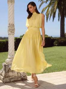 Enchnt Spring/Summer Romantic Women's Pink Sleeveless Chiffon Maxi Dress,Sweet&Elegant For Vacation&Date&Holiday&Going Out,Spring Outfit Women - Yellow - View 2