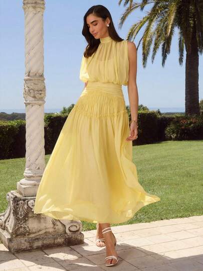 Enchnt Vestido de gasa con cuello mao, sin mangas, con pliegues en la espalda, de color liso