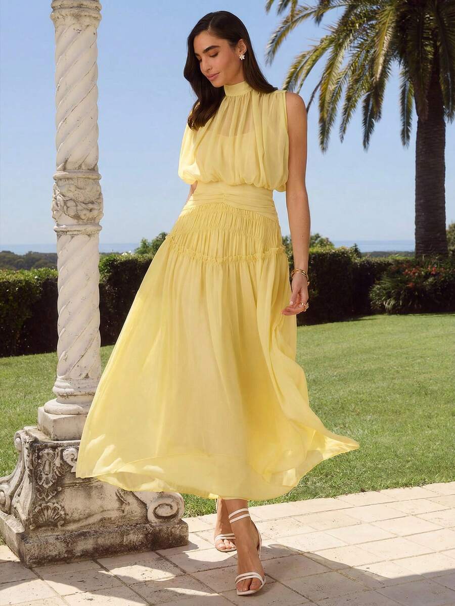 Enchnt Spring/Summer Romantic Women's Pink Sleeveless Chiffon Maxi Dress,Sweet&Elegant For Vacation&Date&Holiday&Going Out,Spring Outfit Women