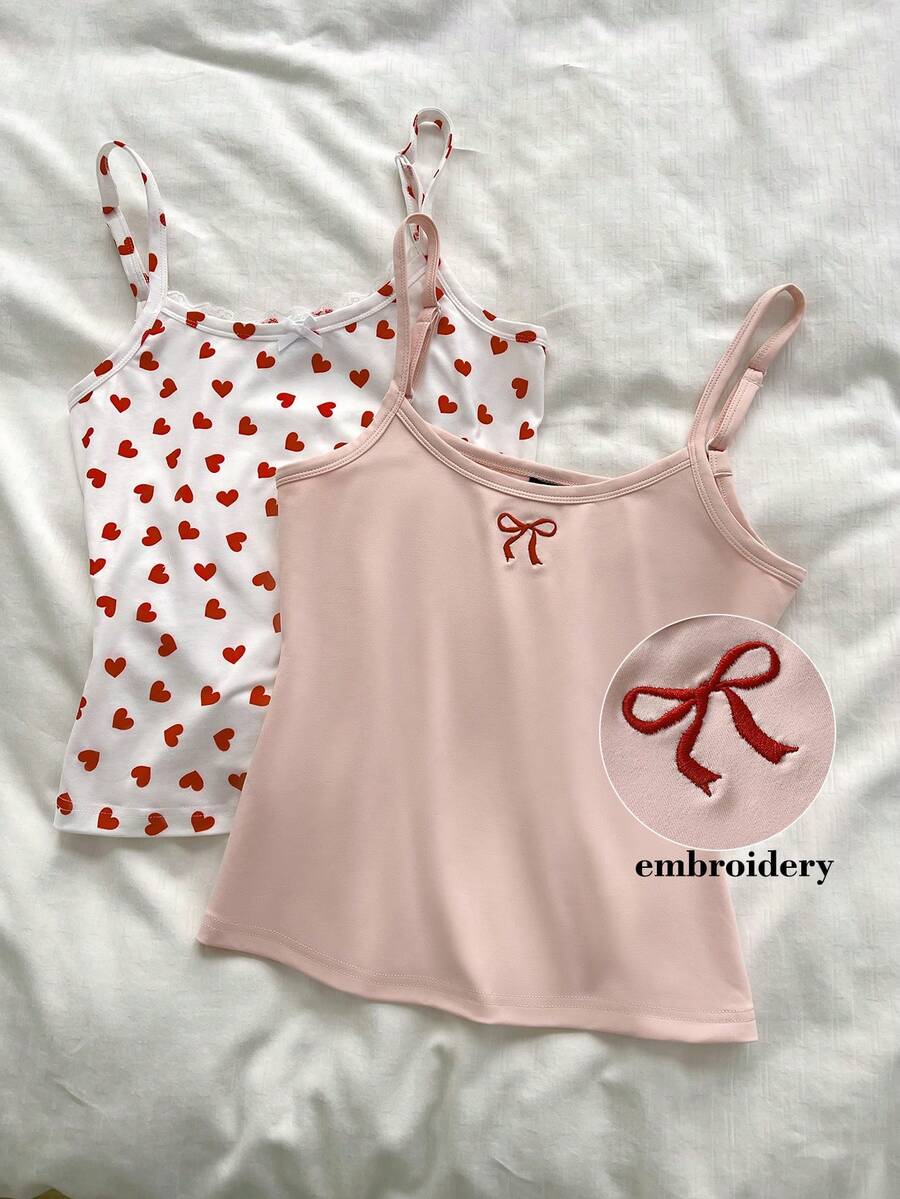 CovetEZ 2件套超值闺蜜多件套上衣，女士休闲2026春夏新款甜美清新女孩纯洁休闲春季情人节吊带背心，情人节服装 - 紅白色 - 查看 1