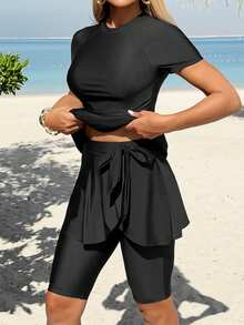 Swim Mulvari New Summer Women's Tie Waist Skirt Shorts, Black Casual Vacation Swimwear Bottom - Black - View 7