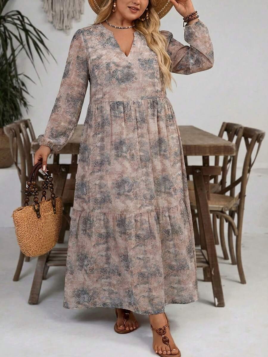 SHEIN VCAY Robe imprimée tout-aller à encolure échancrée, grande taille - Nude - Voir 1