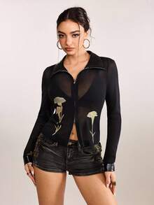 plantica ملابس علوية نسائي كاجوال أنيق وجذاب بأكمام طويلة من الشبك والجلد الاصطناعي (البي يو) مع طوق وسحاب، مناسب للخروجات والسفر والمناسبات والأعياد والعطلات وعيد الحب في الربيع والصيف - الأسود - مشاهدة 3