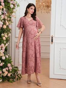 SHEIN Elegant Maternity Jacquard V-Neck Ruffle Sleeve Dress, Summer - Dusty Pink - View 7