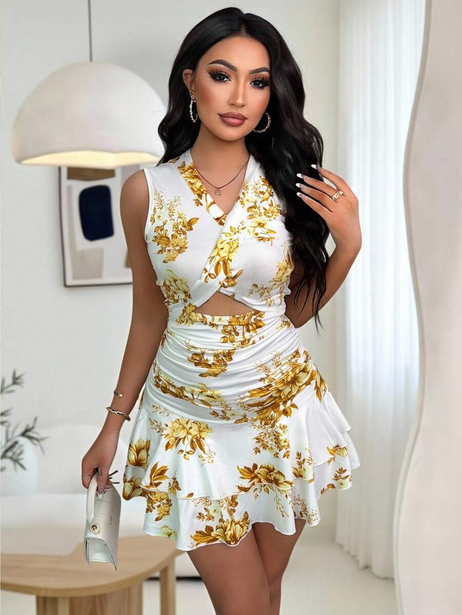 Vavine 女士时尚印花无袖短连衣裙，夏季 - 黃色 - 查看 1