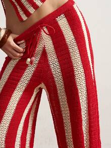 Bohemela Women's Belted Striped Casual Wide Leg Knit Pants - Red - View 8