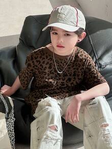 DAZY 青少年男童豹纹圆领短袖休闲T恤 - 棕色 - 查看 4