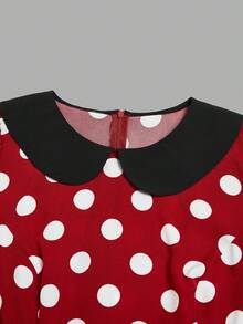 Elenzga Valentine's Day Lantern Sleeve Contrast Collar Polka Dot Women Blouse - Red - View 3