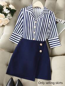 Franclia 新款时尚百搭优雅女士不对称下摆中长裙 - 藏蓝色 - 查看 1