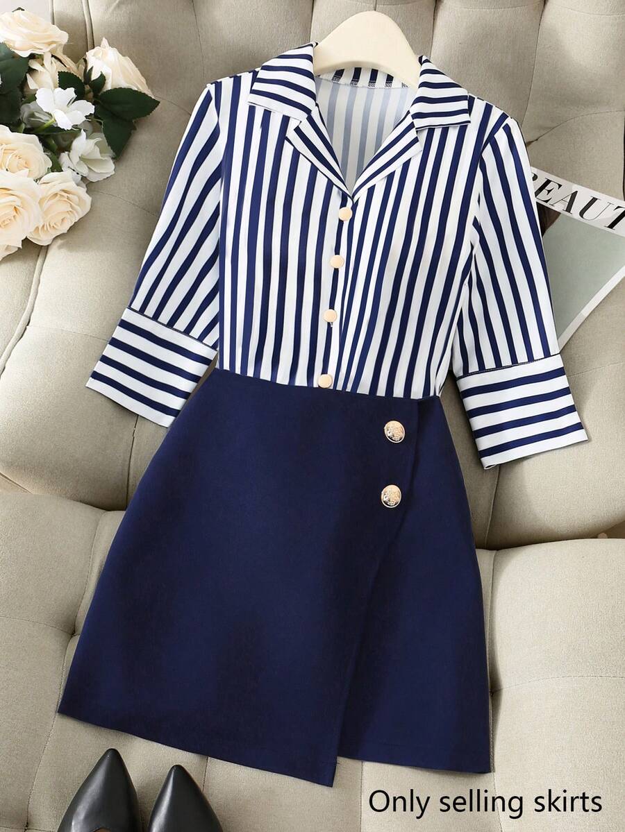 Franclia 新款时尚百搭优雅女士不对称下摆中长裙 - 藏蓝色 - 查看 1