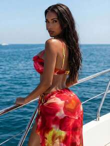 Swim SXY Women's 3pcs/Set Red Floral Print Halter Bikini Top & Leaf Slit Skirt Swimwear, Summer Casual Beach Vacation Holiday Outfit,Boho Western Outfits - Multicolor - View 4