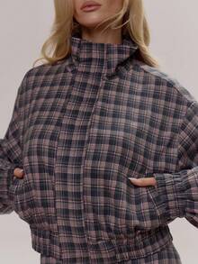 MUSERA 高领拉链格纹收腰下摆外套套装上衣（仅上衣）可爱少女性感春冬季日常外出复活节糖果色 - 粉色 - 查看 2