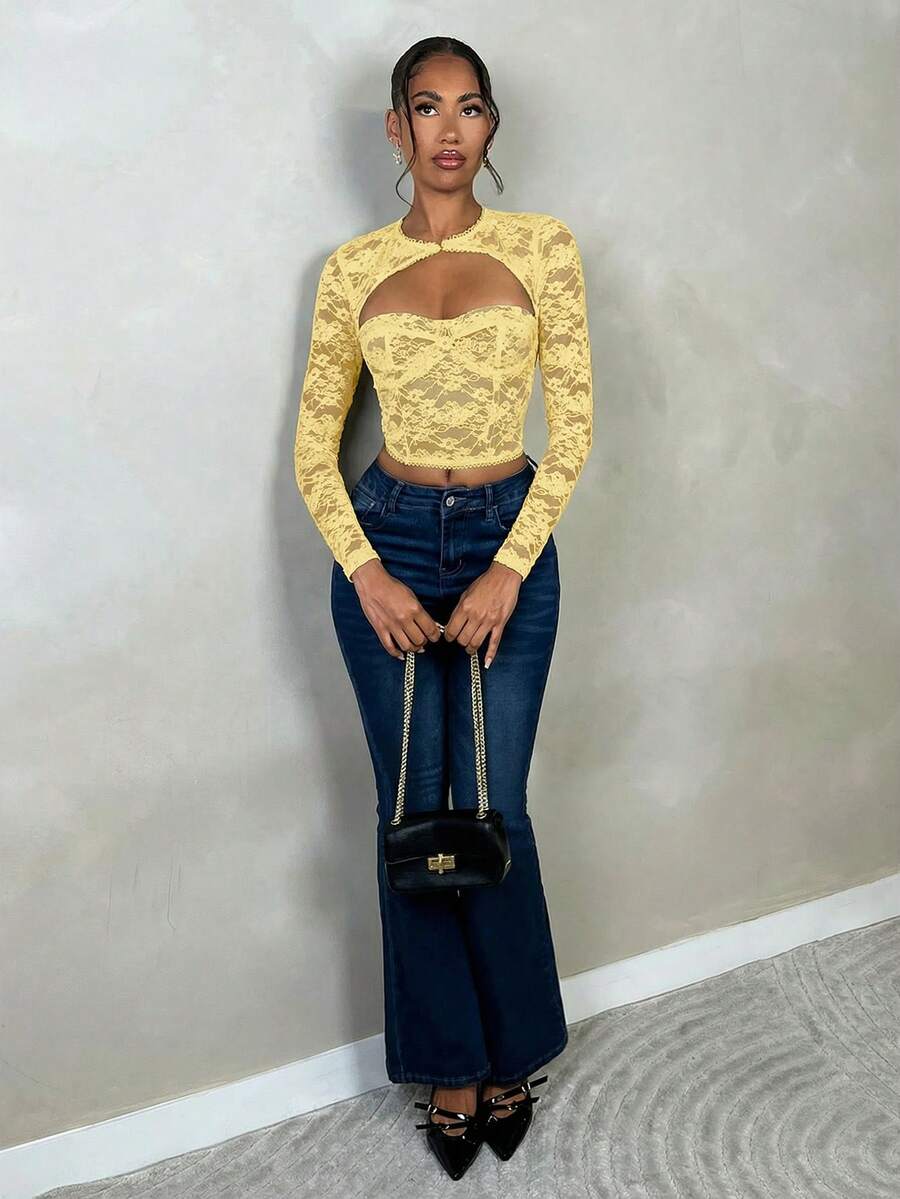 SHEIN BAE 女士秋季长袖连体衣性感蕾丝镂空修身黑色束身胸衣上衣，万圣节服装 - 黃色 - 查看 1
