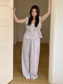 Dazy Plus Plus Size Women Striped Front Tie Top And Pants Pajama Set - Khaki - View 4