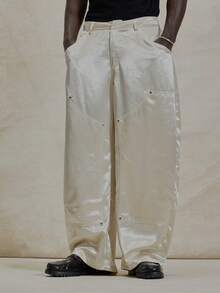 Musero Satin Style High Shine Baggy Panel Contructioned Detailing Trouser Bottom Button Fastening Pants Spring Summer Essentials - Khaki - View 2