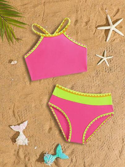 New Stylish Girls 2 Pieces Colorblock Bikini Set Summer Holiday