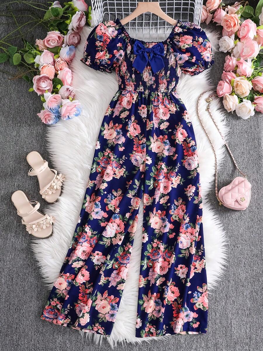 Sparklyn Girls' Allover Print Romper With Square Neck And Puff Sleeves, Summer Vacation Style - Navy Blue - View 1