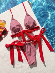 Swim Mod 2026 Spring/Summer Fashionable Striped Print Halter Backless Sexy Bikini 2-Piece Swimwear Set For Women - Red - View 3