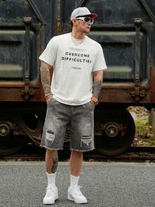 DAZY Distressed Washed Yellow-Grey Men's Denim Shorts, Summer - Dark Grey - View 3