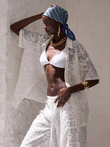 Opulessa 春夏情人节生日海滩度假女士纯色针织宽松短袖衬衫，春夏款，春夏过渡季，情人节，嘉年华服装，海滩，夏季度假，休闲衬衫 - 白色 - 查看 1