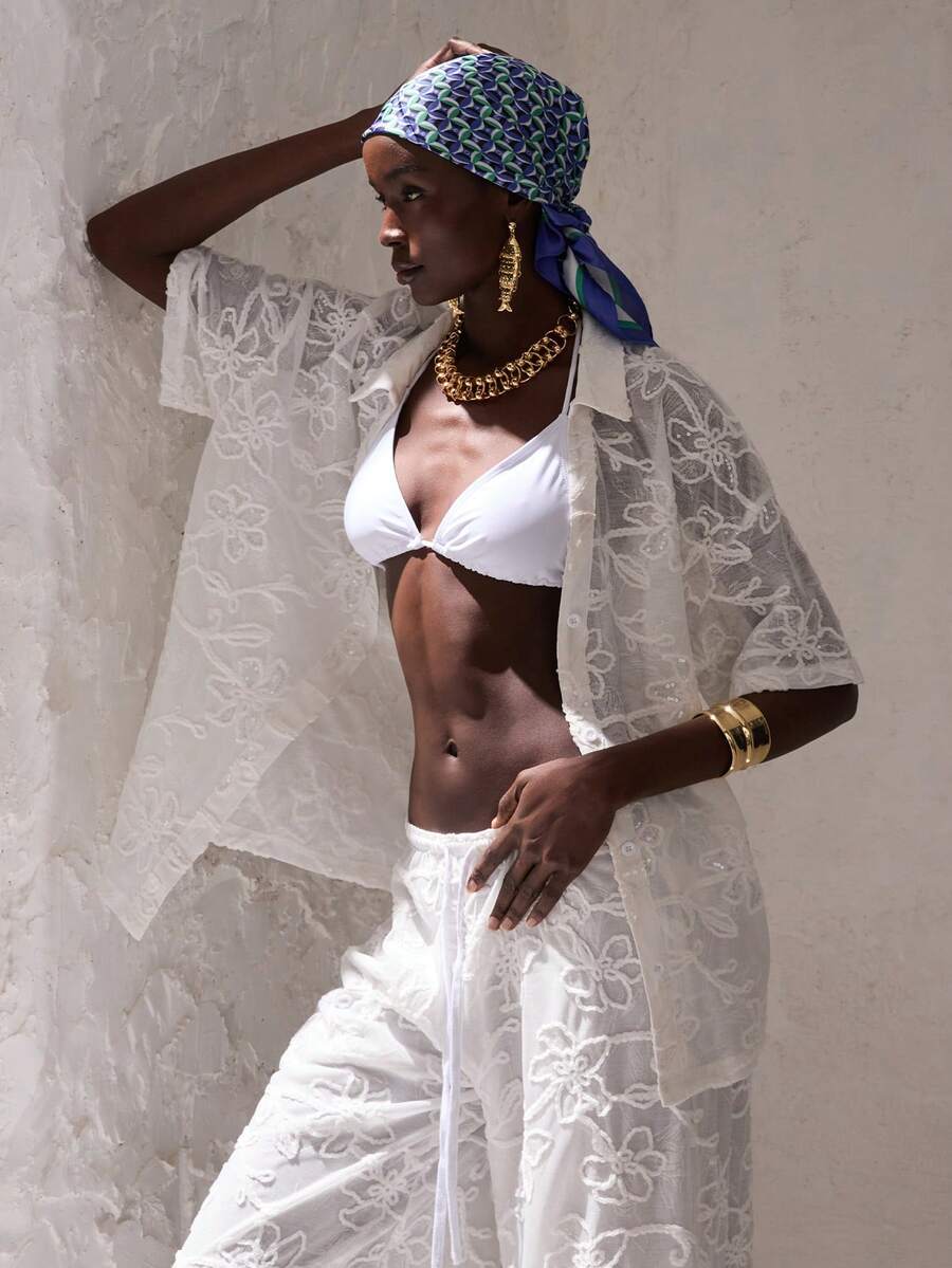 Opulessa 春夏情人节生日海滩度假女士纯色针织宽松短袖衬衫，春夏款，春夏过渡季，情人节，嘉年华服装，海滩，夏季度假，休闲衬衫 - 白色 - 查看 1