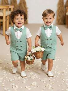 SHEIN 2pcs Baby Boy Gentleman Outfit,Sage Green Double-Breasted Vest & Shorts Set,Summer Cute Modest Formal Wear For Wedding Guest,Birthday Party,Baptism - Green - View 1