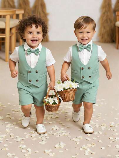 SHEIN 2pcs Baby Boy Gentleman Outfit: Decorative Fake Pocket Double-Breasted Vest And Elastic Waist Casual Shorts, Excluding Shirt And Bow Tie, Fashionable Formal Wear, Size: 6 Months To 3 Years, Suitable For Birthday Party, Banquet, Christening, Performance,  , Baby Shower, 1st Birthday Celebration, Summer Wear, Baby Boy Casual Gentleman Style Set, Baby Boy Outfit, Baby Boy Clothing, Boy SuitWedding,Prom,Graduation