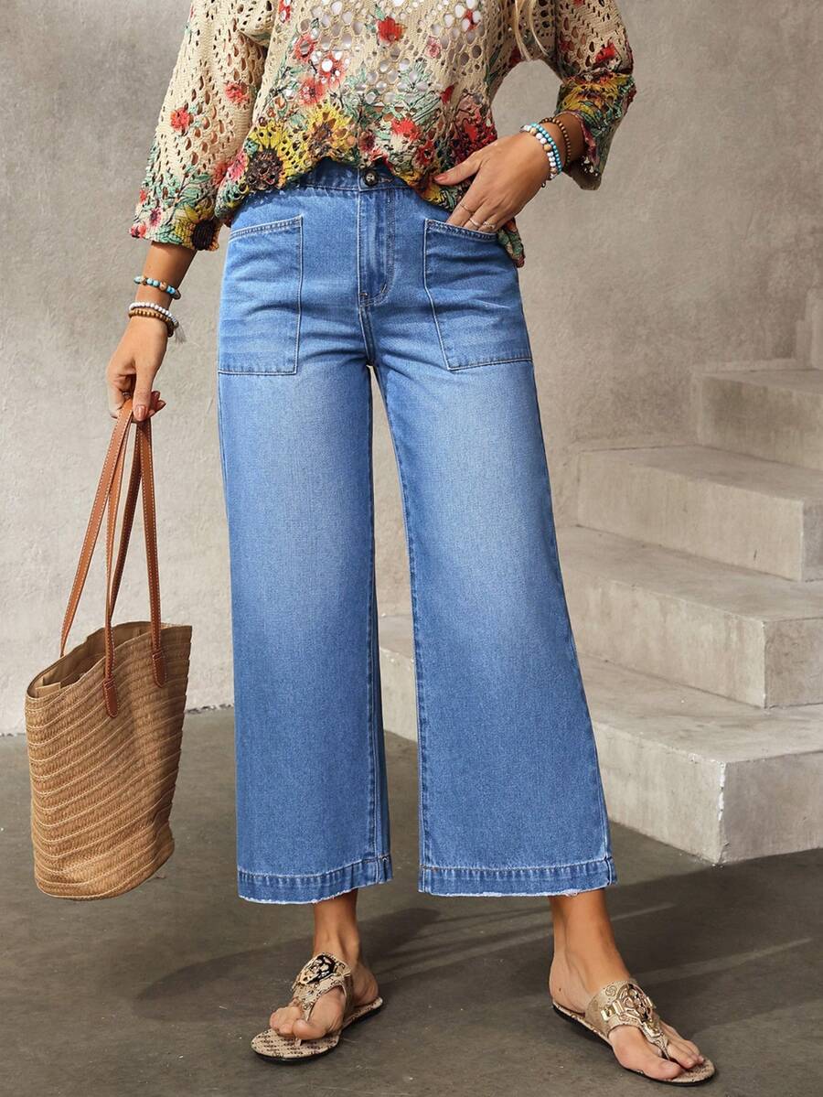 EMERY ROSE 女士休闲日常通勤百搭拼接口袋宽松阔腿牛仔裤 - 藍色 - 查看 1