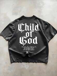 Manfinity EMRG 加大码男士休闲标语印花圆领短袖T恤，夏季 - 黑色 - 查看 3