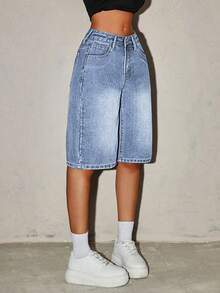 SHEIN ICON Quần short denim bạc màu thời trang nữ - Rửa nhẹ - Xem 3
