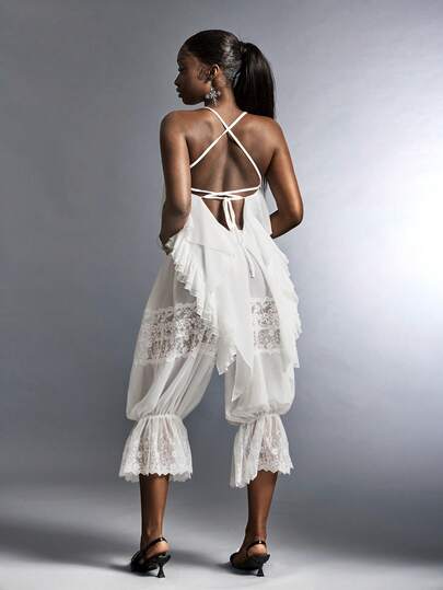 Amplova Y2K Women's Sexy Backless Tie Strap Asymmetrical Hem Camisole Tank Top, Suitable For Beach Vacation, Summer Summer Casual Women Outfits Summer Vacation Outfits  Spring Outfit Women Beach Outfit Mesh Bodycon Camisole With Sweetheart Neckline, Multi-Layered Ruffles, Irregular Hem, Sexy And Elegant Semi-Sheer Top Ruffle Top