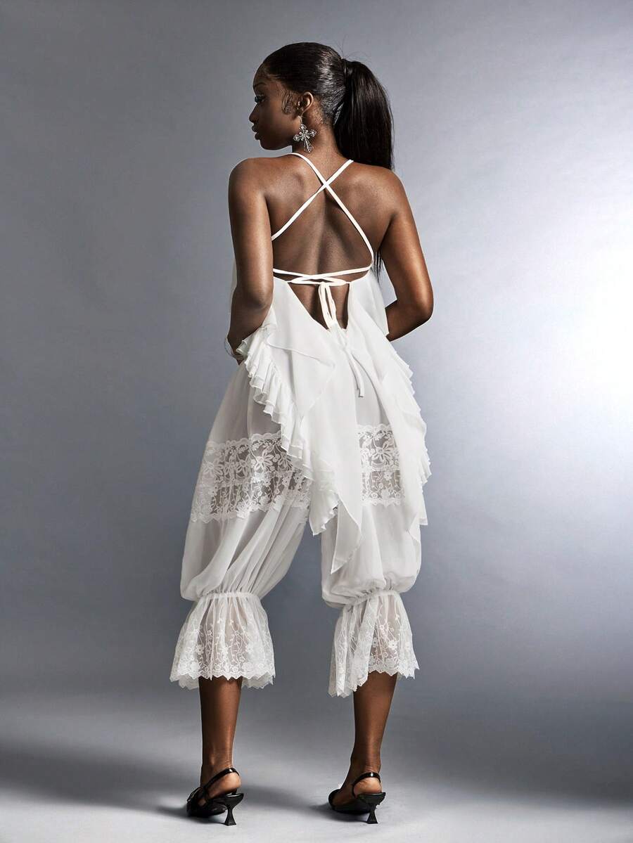 Amplova Y2K Women's Sexy Backless Tie Strap Asymmetrical Hem Camisole Tank Top, Suitable For Beach Vacation, Summer Summer Casual Women Outfits Summer Vacation Outfits  Spring Outfit Women Beach Outfit Mesh Bodycon Camisole With Sweetheart Neckline, Multi-Layered Ruffles, Irregular Hem, Sexy And Elegant Semi-Sheer Top Ruffle Top - White - View 1