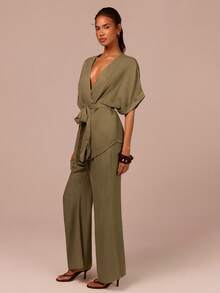 COSMINA V-Neck Raglan Sleeve Cuff Fold, Wrap Design, Waist Tie, V-Neck Shirt And Pants Set, Loose Top, Military Green Set, Summer Vacation Packages, Relaxing Vacations, Women's Vacation Packages
,Summer Women's Casual 2-Piece Set - Army Green - View 5
